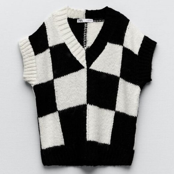 Zara Check Knit Sweater Vest ASO Wednesday Addams - Picture 6 of 15